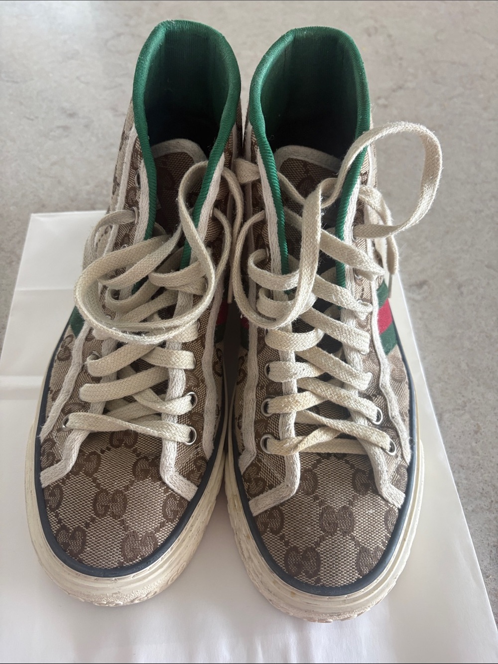 Gucci Beige Monogram High-Top Sneakers with Green & Red Accents